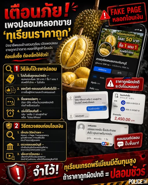 สายกินต้องระวัง! ฤดูทุเรียนมาเยือน มิจฉาชีพก็ทำงานหนักเช่นกัน ใครกำลังหาร้านทุเรียนออนไลน์ สังเกตให้ดีก่อนโอนเงิน จะได้ไม่ตกเป็นเหยื่อเพจปลอม⚠️