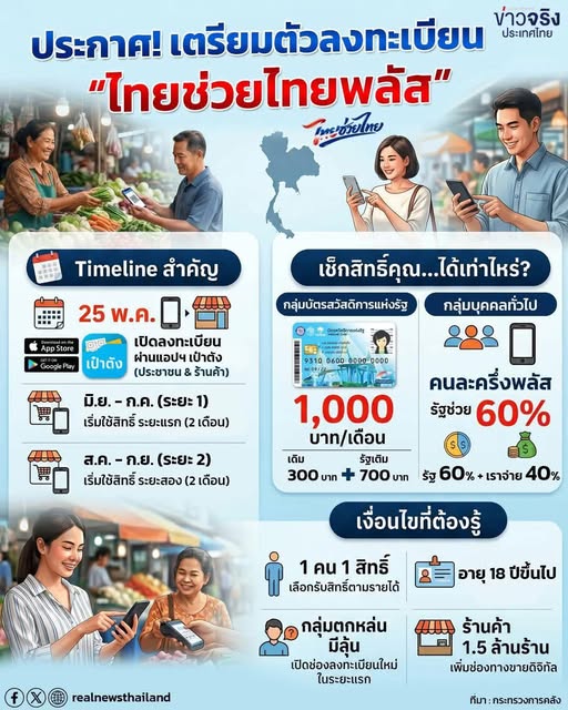 📢 เตรียมตัวให้พร้อม! #ไทยช่วยไทยพลัส ยกระดับสวัสดิการเพื่อคนไทย เปิดลงทะเบียน 25 พ.ค. นี้ 🇹🇭