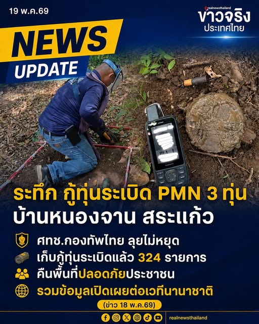 &ldquo;NEWS UPDATE : ระทึก กู้ทุ่นระเบิด PMN 3 ทุ่น บ้านหนองจาน จังหวัดสระแก้ว ศทช.กองทัพไทย ลุยไม่หยุด เก็บกู้ทุ่นระเบิดแล้ว 324 รายการ คืนพื้นที่ปลอดภัยประชาชน รวมข้อมูลเปิดเผยต่อเวทีนานาชาติ