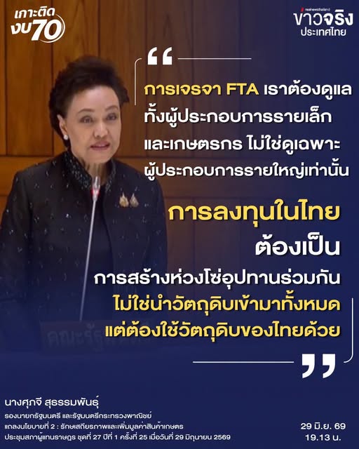 #เกาะติดงบ 70:  &ldquo;ศุภจี&rdquo; เดินหน้าสร้างสมดุลการค้า รักษาตลาดสหรัฐ-จีน ควบคู่เปิดตลาดใหม่และเร่งเจรจา FTA กับอียู โดยย้ำต้องดูแล SME เกษตรกร และใช้วัตถุดิบไทยในห่วงโซ่อุปทาน 