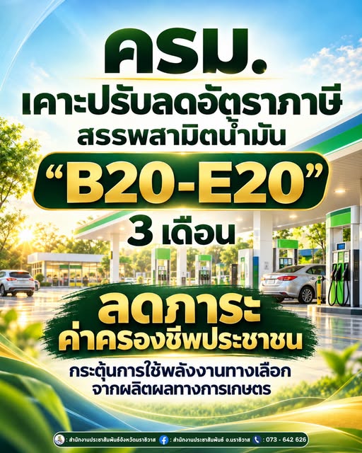 ครม. เคาะปรับลดอัตราภาษีสรรพสามิตน้ำมัน &ldquo;B20-E20&rdquo; 3 เดือน ลดภาระ ค่าครองชีพประชาชน กระตุ้นการใช้พลังงานทางเลือกจากผลิตผลทางการเกษตร